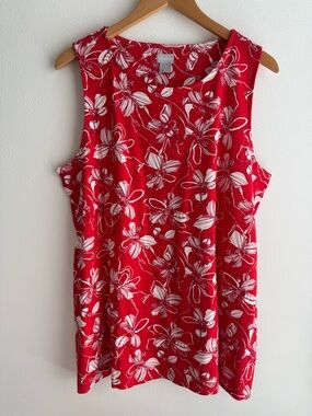 NWT Red and White Floral Knit Tunic Tank Top with Pockets - Pima Cotton XL